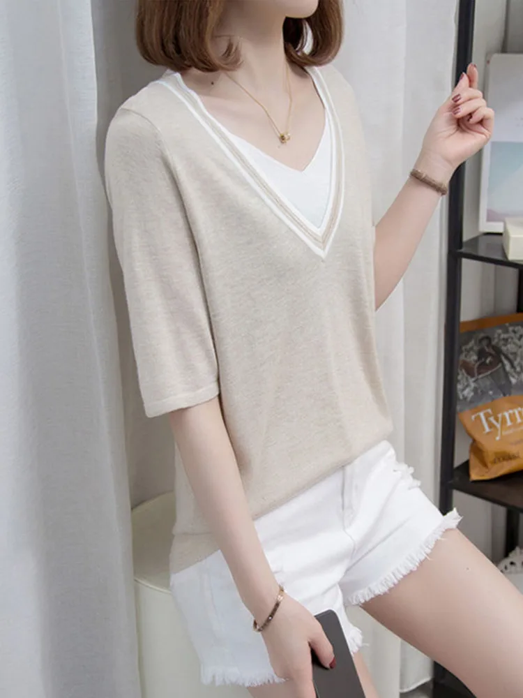 

Oversize Knitted V-neck T-shirts Female 2022 Summer Fake Two Piece T-shirt Short Sleeve Patchwork Large Tops L-4XL