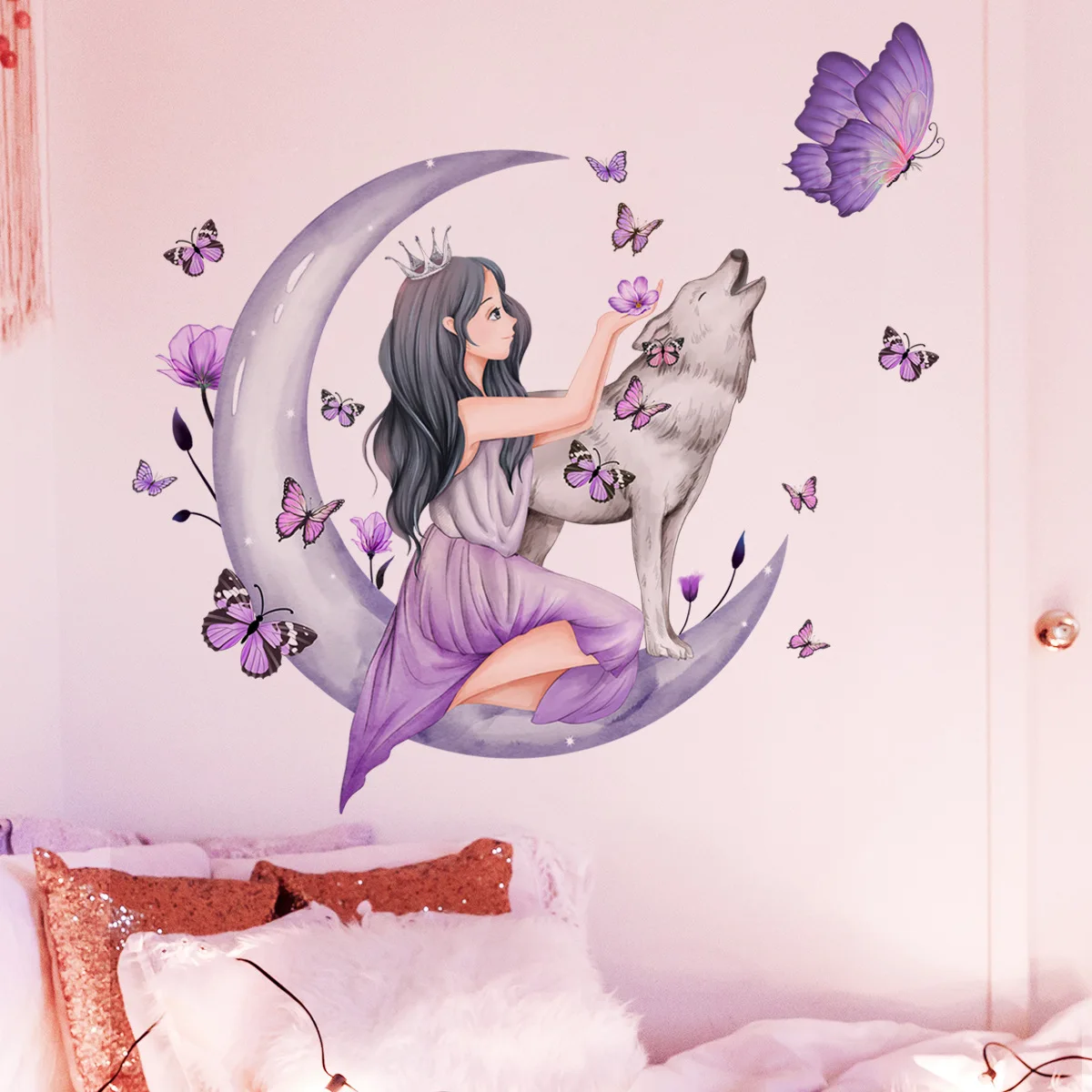 Girl Gray Moon Wolf Butterfly Wall Sticker Self-adhesive Removable Vinyl PVC Home Decor for Living Room Bedroom