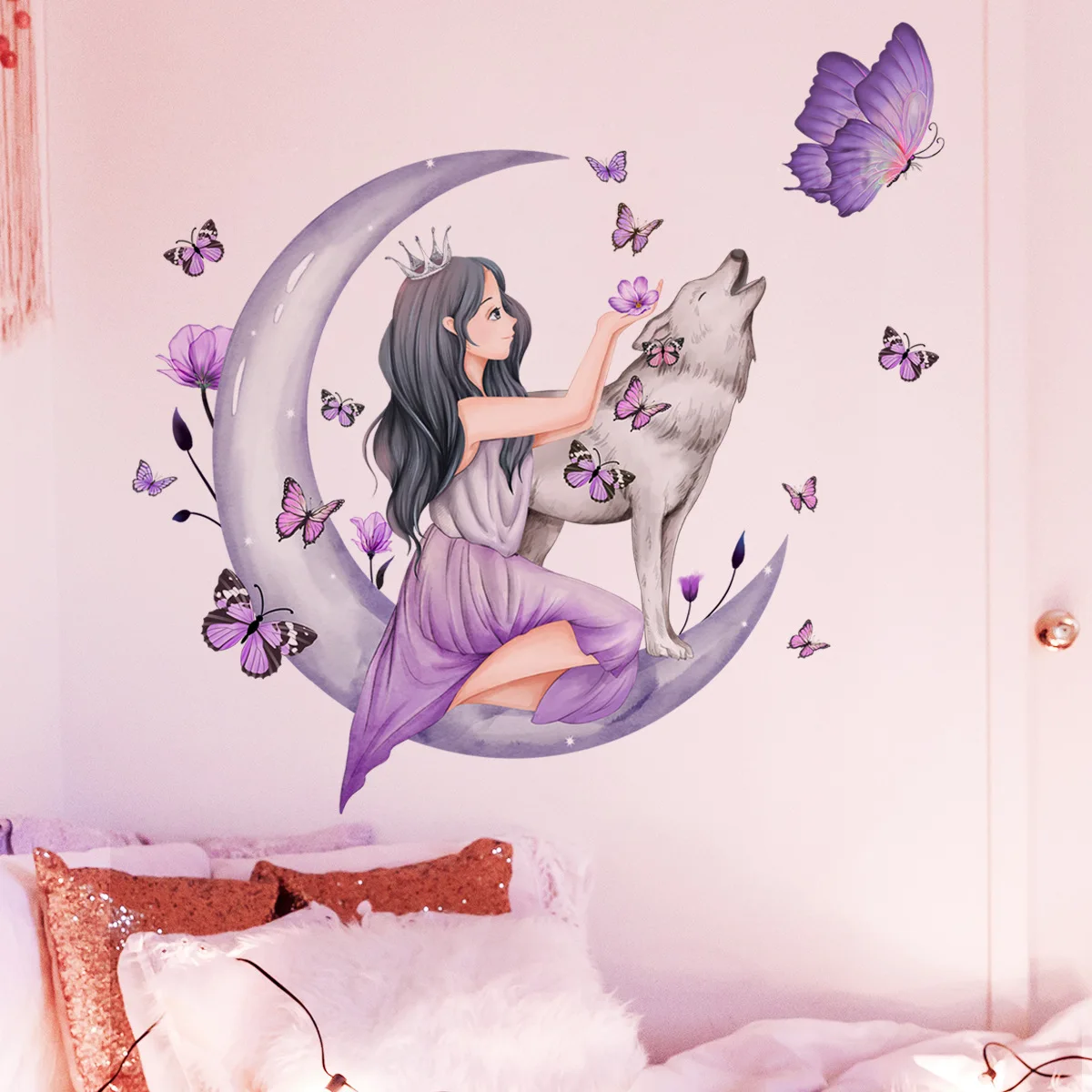 

Girl Gray Moon Wolf Butterfly Wall Sticker Self-adhesive Removable Vinyl PVC Home Decor for Living Room Bedroom