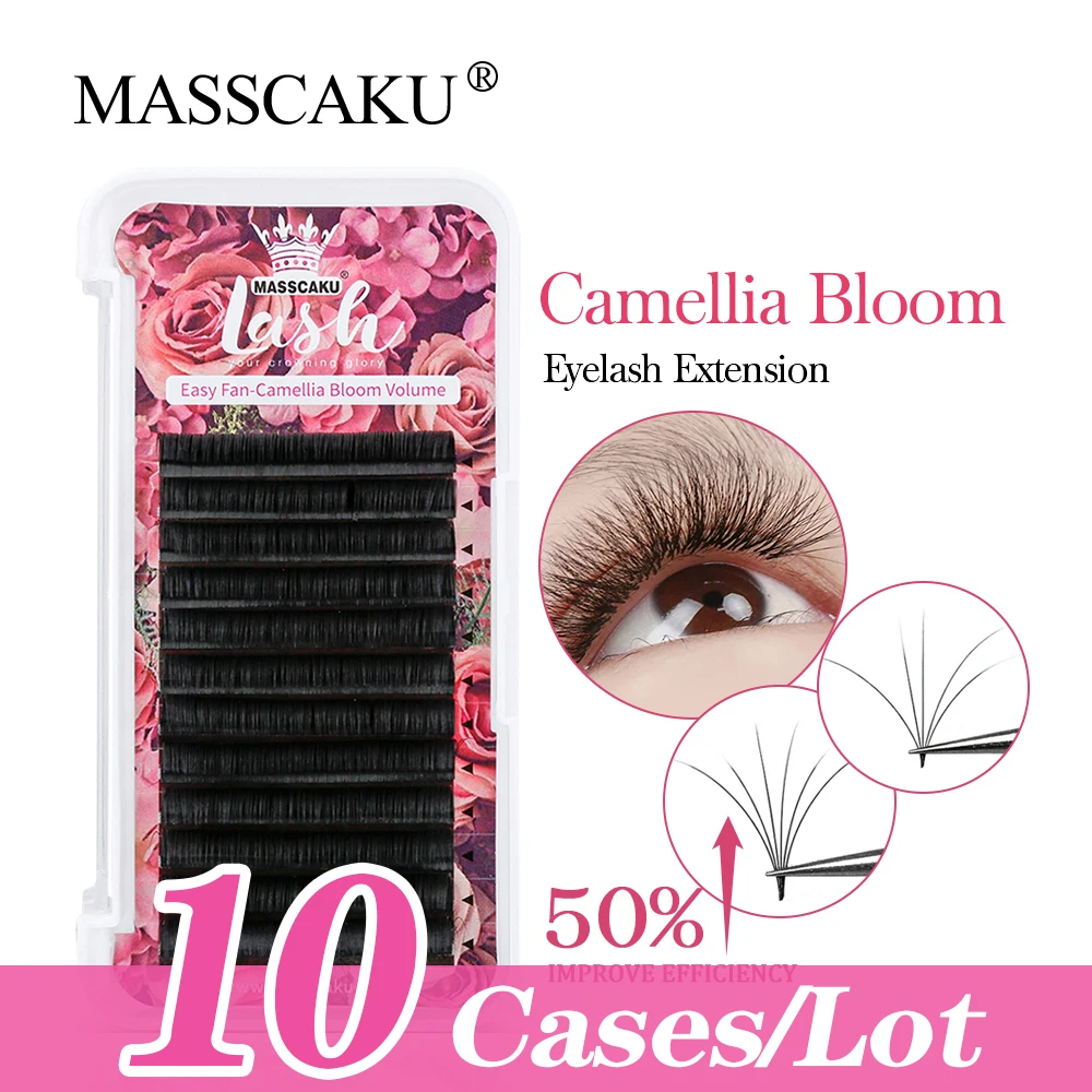 

10case/lot MASSCAKU Auto Flowering C/D Curl Individual Eyelash Extensions 100% Handmade Camellia Rapid Blooming Lashes Trays