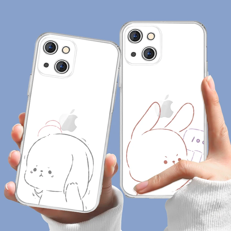 

Fun Rabbit Couple Phone Case For iPhone 13 11 Pro Max 13 12Mini XS XR X 7 8 Plus SE 2020 6s Cute Transparent All inclusive Cover