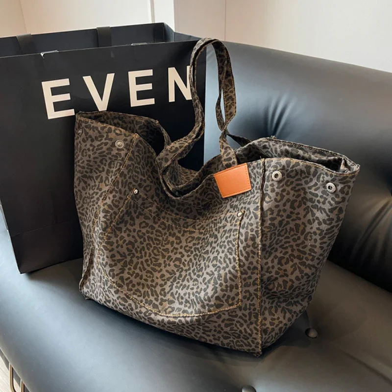 Big Capacity Handbag for School Work Shopping Leopard Print Canvas Tote Bag Women 2025 Fashion Original Design Commuter