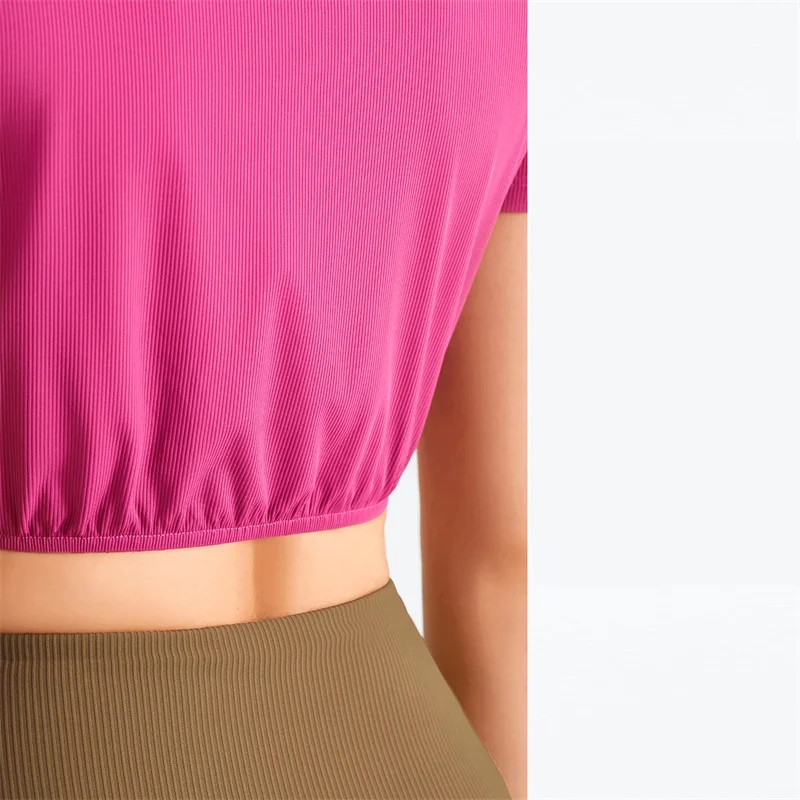 Solid Color Women Fitness crop Top Yoga Short Sleeve Ribbed Round neck Waistband T-shirt Slim Fit Elastic Sports Short Shirt Gym