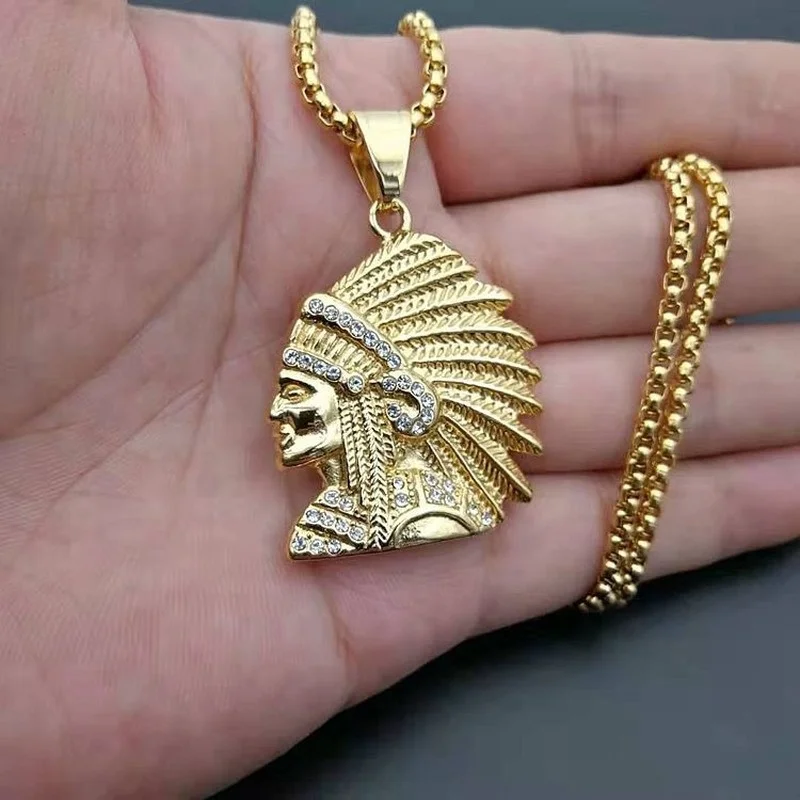 

Trendy Titanium Steel Gold Plated Indian Chief Pendant Necklace Hip Hop Fashion Jewelry Creative Personality Punk Hip Hop Gift