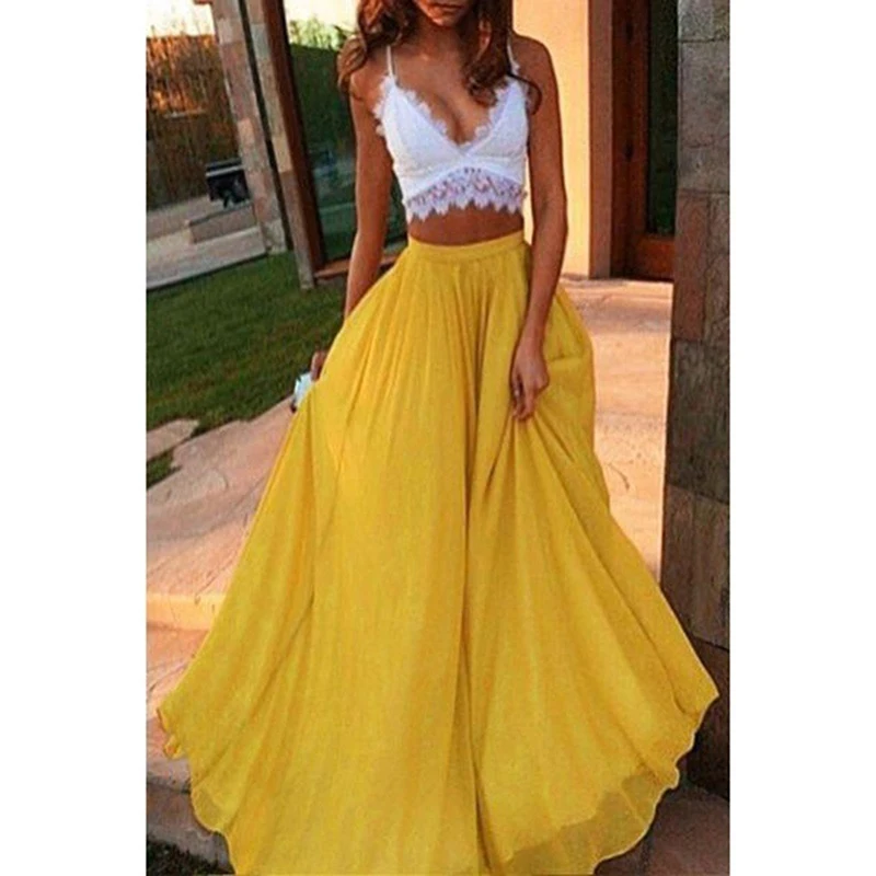 

Spring And Summer Autumn Chiffon Cool Skirt women's Elastic Waist Double anti-going Ladies Long Solid Color Elegant Skirt