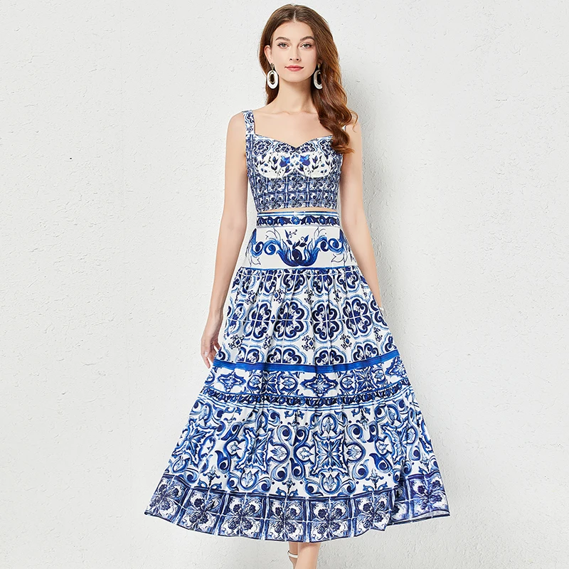 

2023 New Summer Women Elegant Skirt Suits Retro Porcelain Print Sexy Camisole And High Waist Long Skirt Two Piece Set