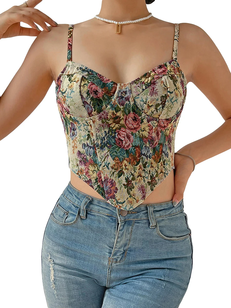 

Women Y2K Floral Print Retro Vest Tops Sleeveless V Neck Irregular Hem Tanks Casual Party Street Fall Spring Summer Corset Tops