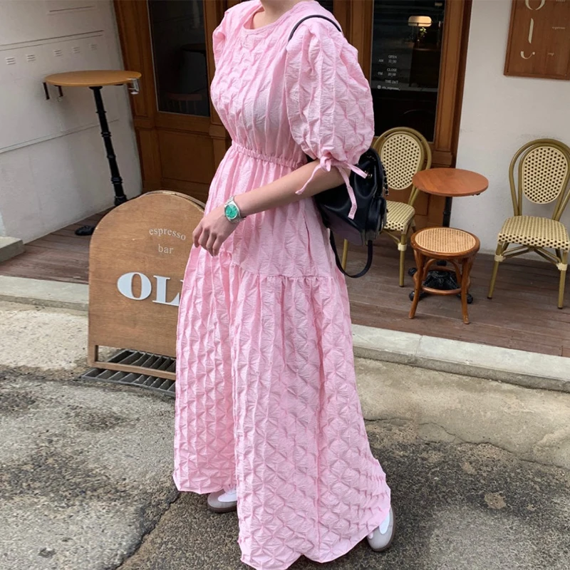 

Clothland Women Sweet Solid Midi Dress Short Sleeve Elastic Waist Pink White Black Chic Summer Dresses Vestidos QC048