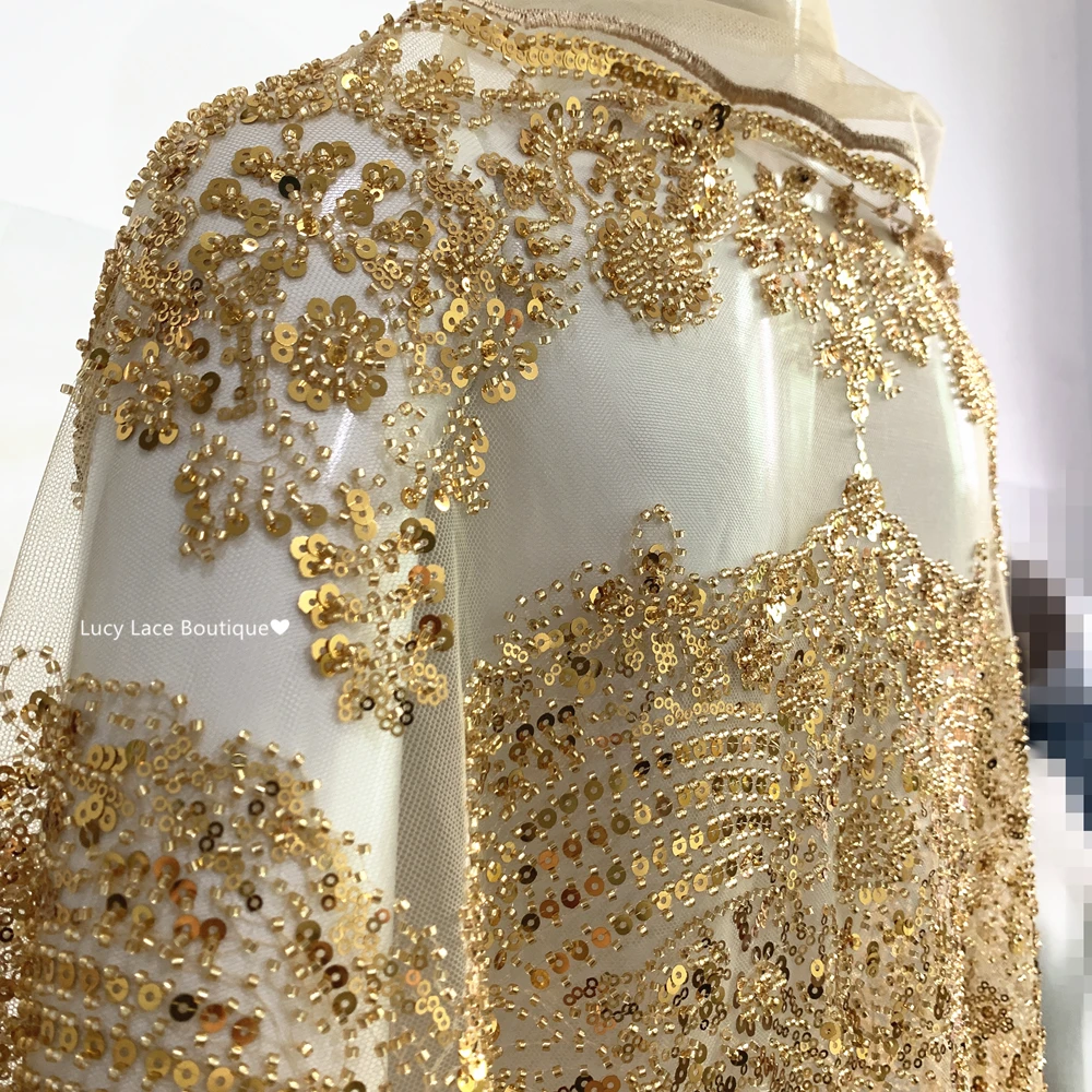 

Распродажа 1 ярд темно-золотой цвет роскошный тяжелый Бисероплетение кружевная ткань для платья материал для костюма ткань 2022 новый дизайн