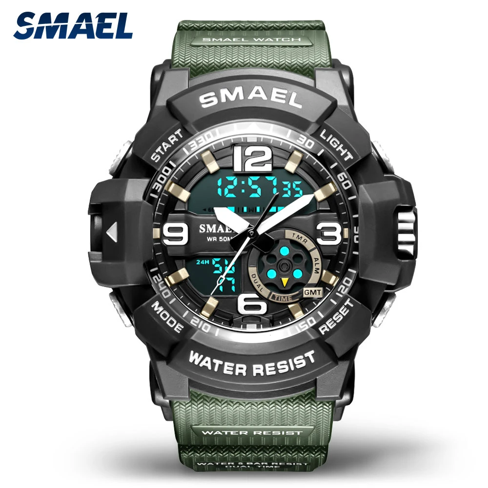 

Мужские спортивные кварцевые часы SMAEL, зеленые водонепроницаемые цифровые часы с автодатой, длиной 50 м