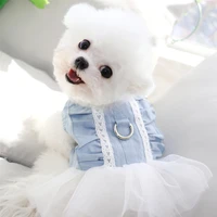 blue pet princess skirt dog out chest and back clothes puppy summer thin skirt teddy beautiful pullover with traction buckle