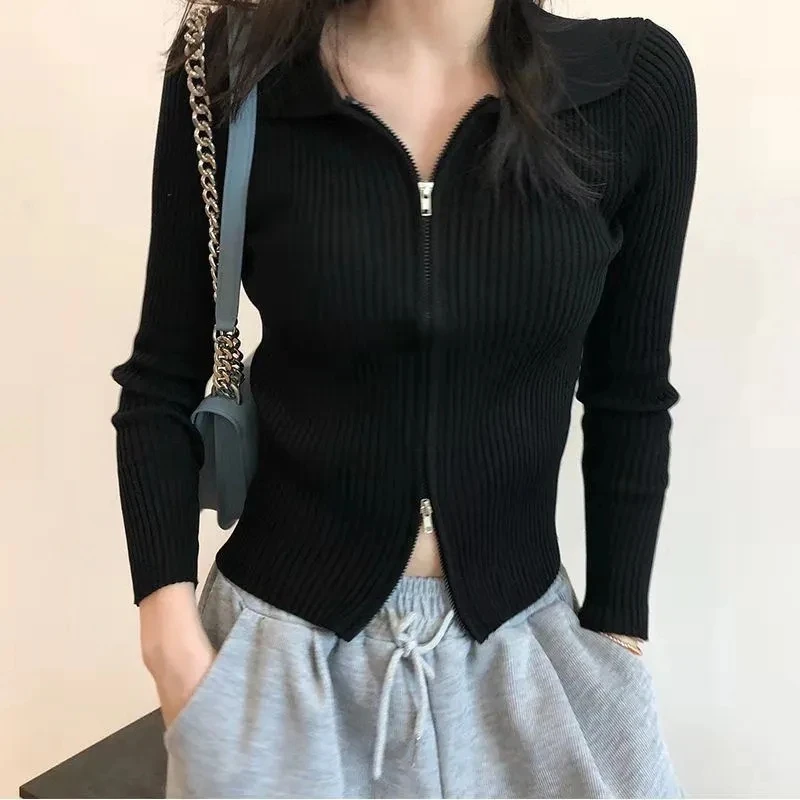 

Zoki Black Zipper Knitted Cardigan Women Y2K Autumn Winter Turndown Collar Cropped Sweater Fashion Streetwear Slim Knitwear Tops