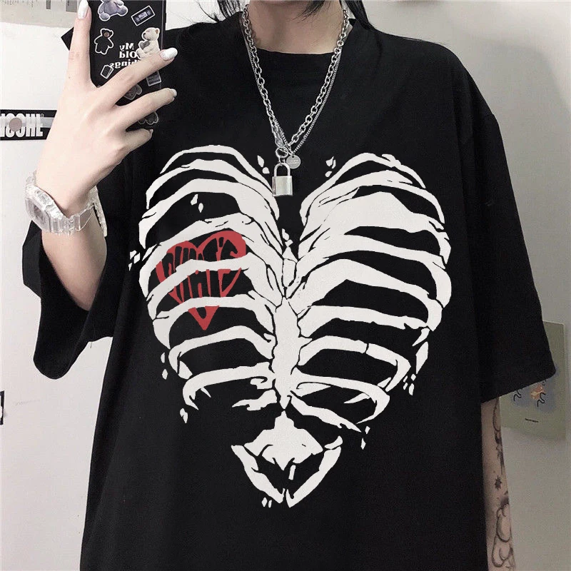 

Fashion Woman Blouses 2022 T-shirts Harajuku Retro Korean Style Demon Punk Gothic Anime Print Short Sleeve TopsTee y2k Clothes