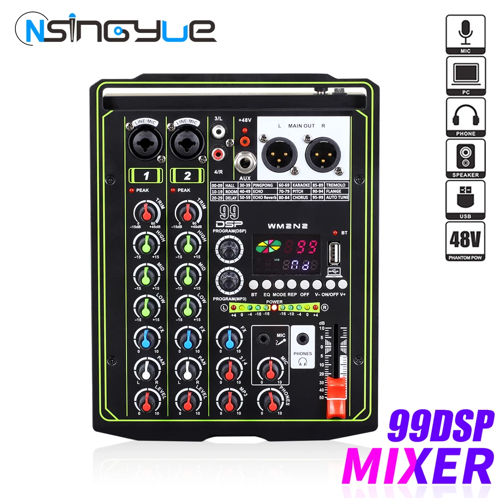 4 Channel Audio Mixer Portable DJ Sound Mixing Console USB Interface Computer Recording 48V Phantom Power with 99 DSP Effects enlarge