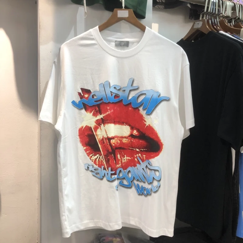 

Summer Hellstar Studios Tshirts Washed Vintage Red Lips Letter Print Short Sleeve Tops Men Women Oversize Hellstar T-Shirt