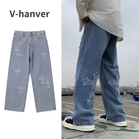 Мужские уличные мешковатые джинсы V-hanver, брюки в стиле хип-хоп для мужчин и женщин, свободные джинсы, Мужские джинсы-бойфренды оверсайз
