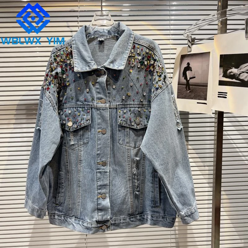 

Streetwear Denim Jackets Women Diamond Fashion Lapel Pocket Lapel Hole Jeans Jacket Spring Autumn Casual Loose Jeans Coat Female