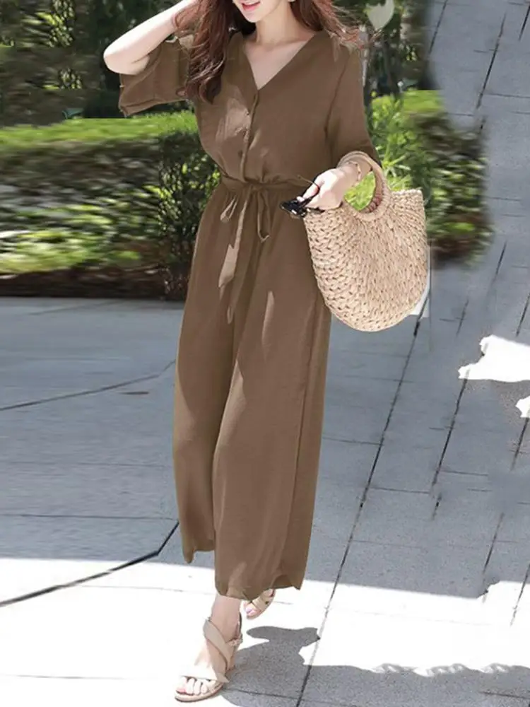 

Комбинезон ZANZEA женский с рукавами до локтя, рюшами и манжетами, повседневный свободный ромпер с завышенной талией, с V-образным вырезом и шир...