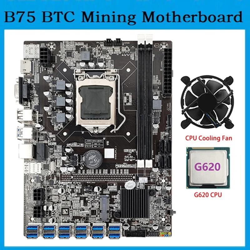 

Материнская плата B75 ETH для майнинга, материнская плата 12 PCIE на USB MSATA DDR3 с процессором G620 + охлаждающий вентилятор для графической карты B75 USB ...