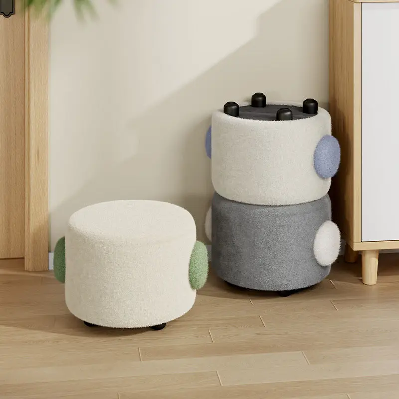

Solid Wood Soft Round Stool Multi-color Lambswool Detachable Simple Creative Children's Small Bench Hallway Ottomans Decor