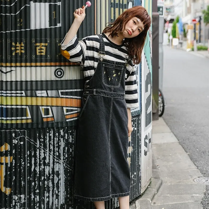 

Женское джинсовое платье-комбинезон, свободное повседневное черное платье до щиколотки с вышивкой из мультфильма, оригинальное шикарное п...