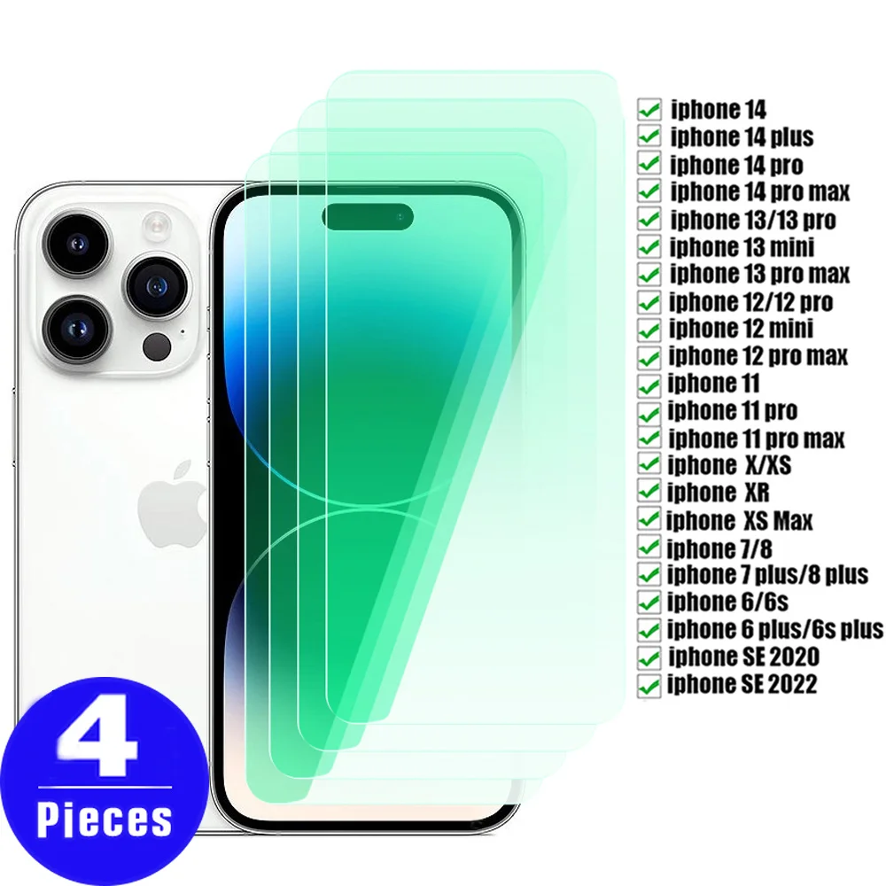 Защитная пленка 9H Green Eye для iphone 14 pro 13 12 SE 2022 11 8 7 X XS max XR 6 6S plus mini 4 шт. закаленное