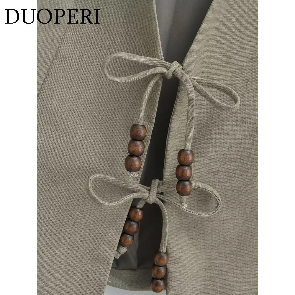 Модный винтажный женский жилет DUOPERI на шнуровке с V-образным вырезом и бисером