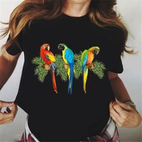 colorful parrot with tropical flowers print t shirt women cockatiels bird black tshirt femme kawaii clothes female t shirt