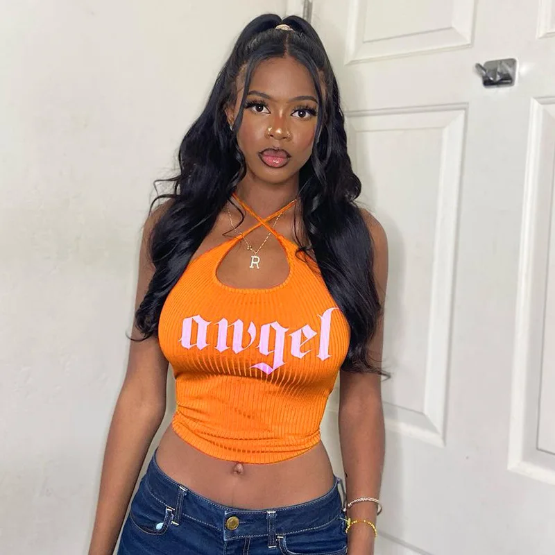 

Angel Letter Print Tank Top Off Shoulder Cross Strap Ribbed Halter Crop Tops Women Sleeveless Cropped Vest Camis Tube Top Female