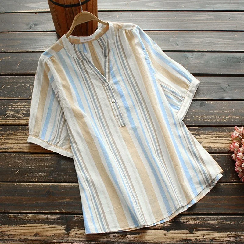 

Pure Cotton Summer New Literary Women's Blouse Harajuku Loose Tops Short-sleeve Shirt Printed Striped Shirt Casual All-match Top