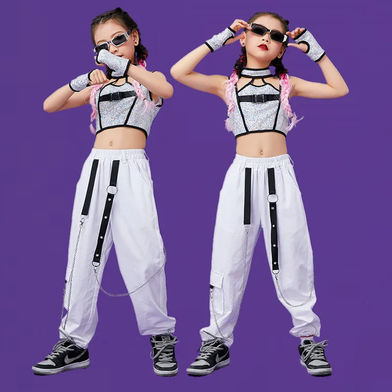 

Детская одежда для бальных танцев в стиле хип-хоп, серебристый жилет для девочек, свободные брюки, одежда для уличных танцев, одежда для джазовых представлений и рейв в стиле хип-хоп