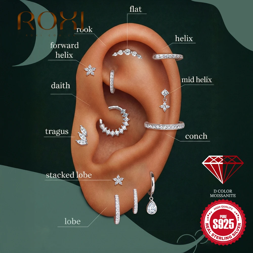 Фото Серьги-гвоздики ROXI Moissanite из стерлингового серебра 925 пробы с геометрическим узором и подвеской-цветком для женщин, с плоской задней частью, для пирсинга, ювелирные изделия высокого качества №1