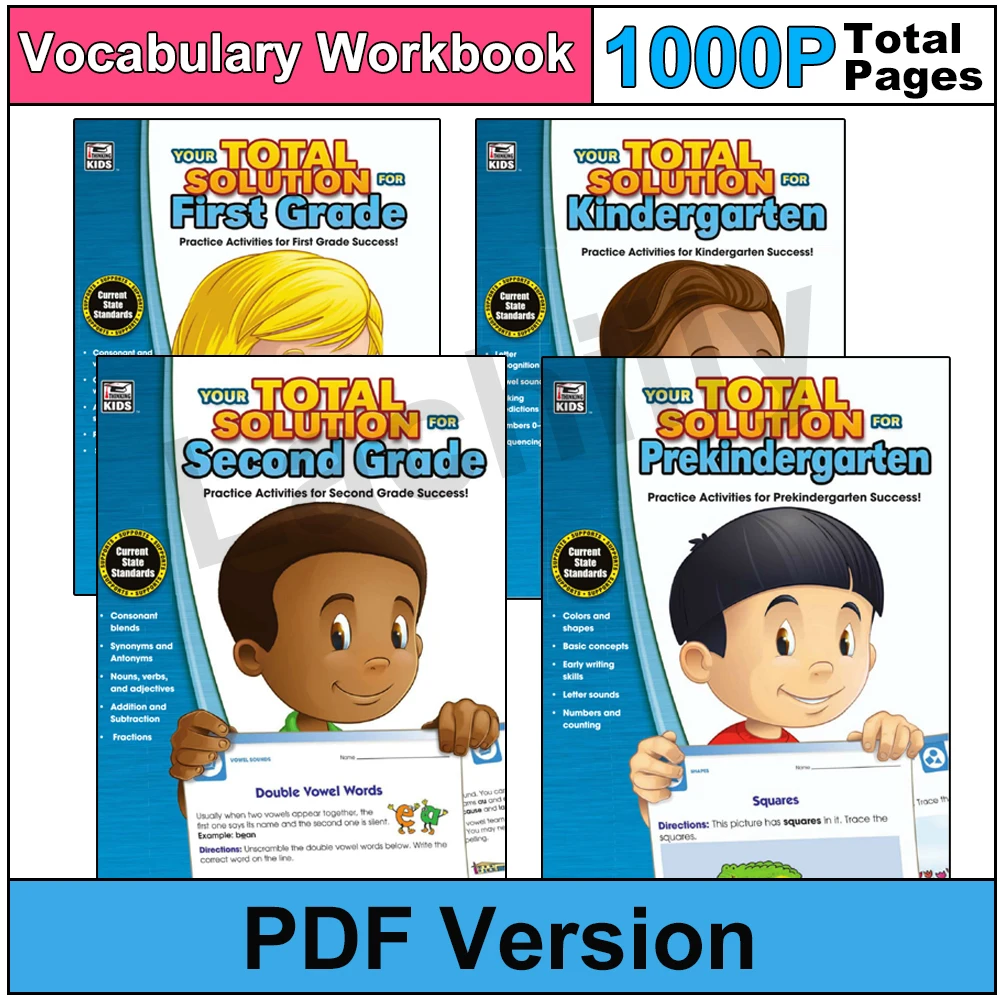 

1000P Your Total Solution Language Pre Kindergarten / First Grade / Second Grade Workbook Kids Learn English Printable PDF Files