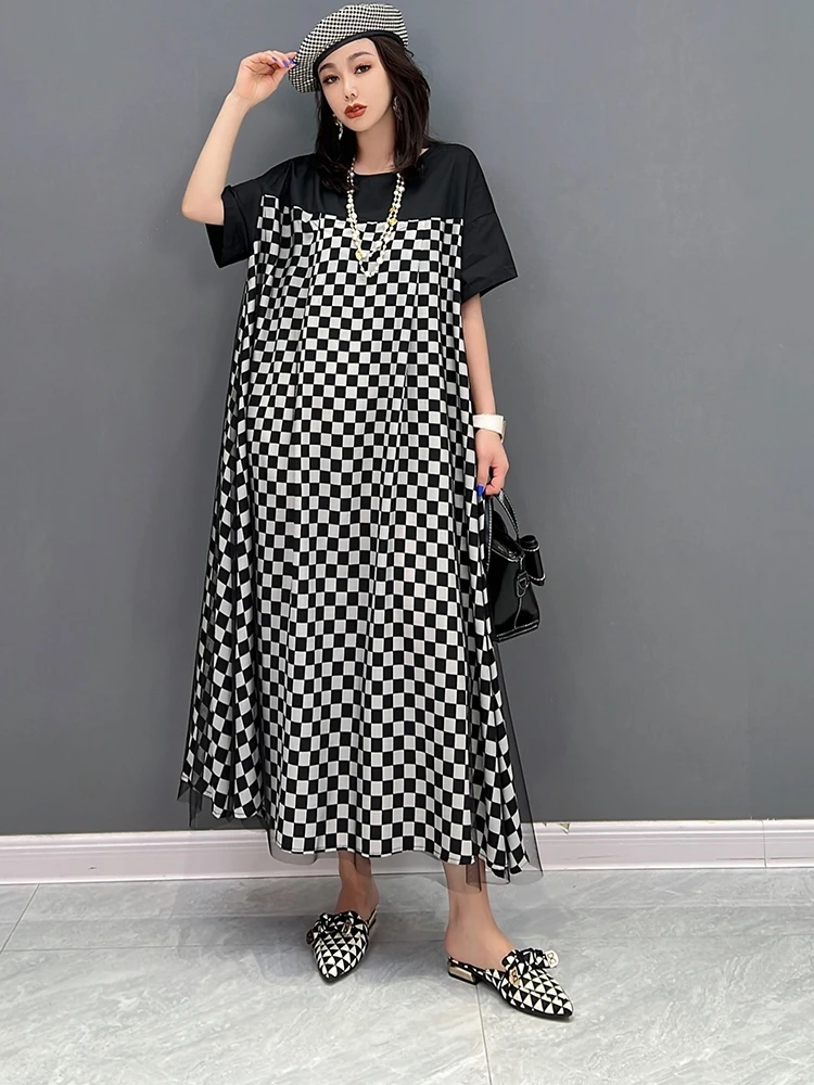 

SuperAen Europe 2022 Summer New Korean Fashion Splicing Lattice Long Dress Women's A-LINE Long Dress