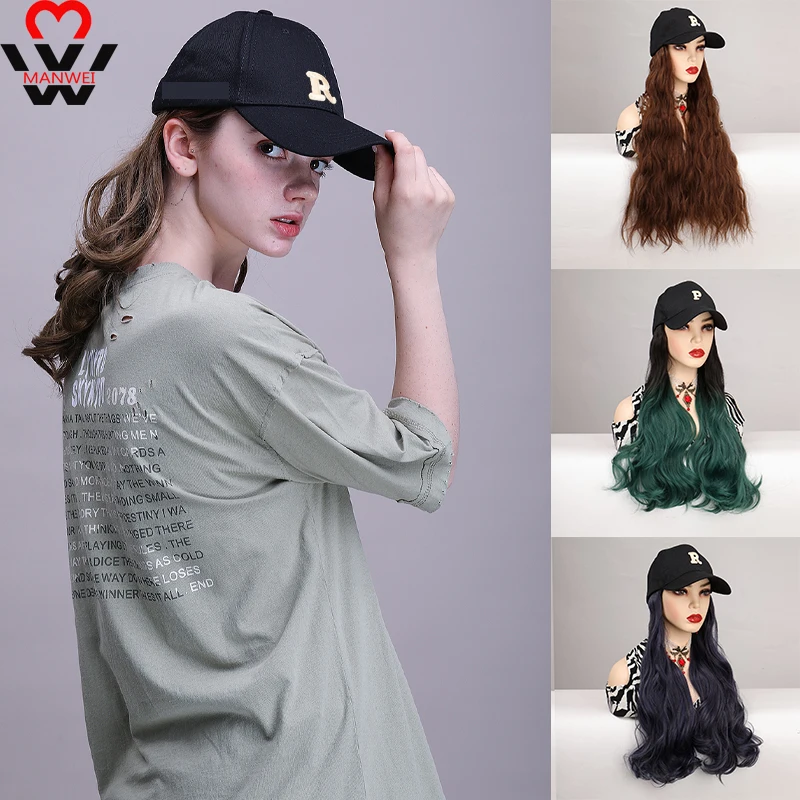 MANWEI Synthetic Women's Wigs Fashion Long Curly Hair Big Wave Cap For Black Brown Green With Hat