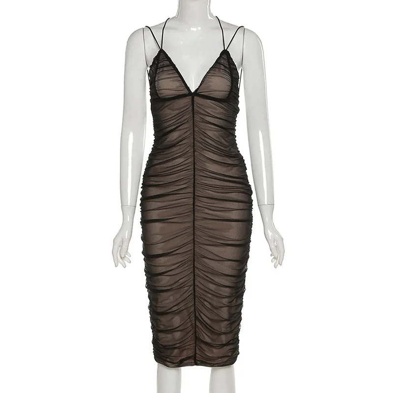 

Sexy Mesh Pleated Long Prom Female Dress for Women's Clothing Solid Color Beach Party Midi Dress Wrap Clubwear Street Outfit