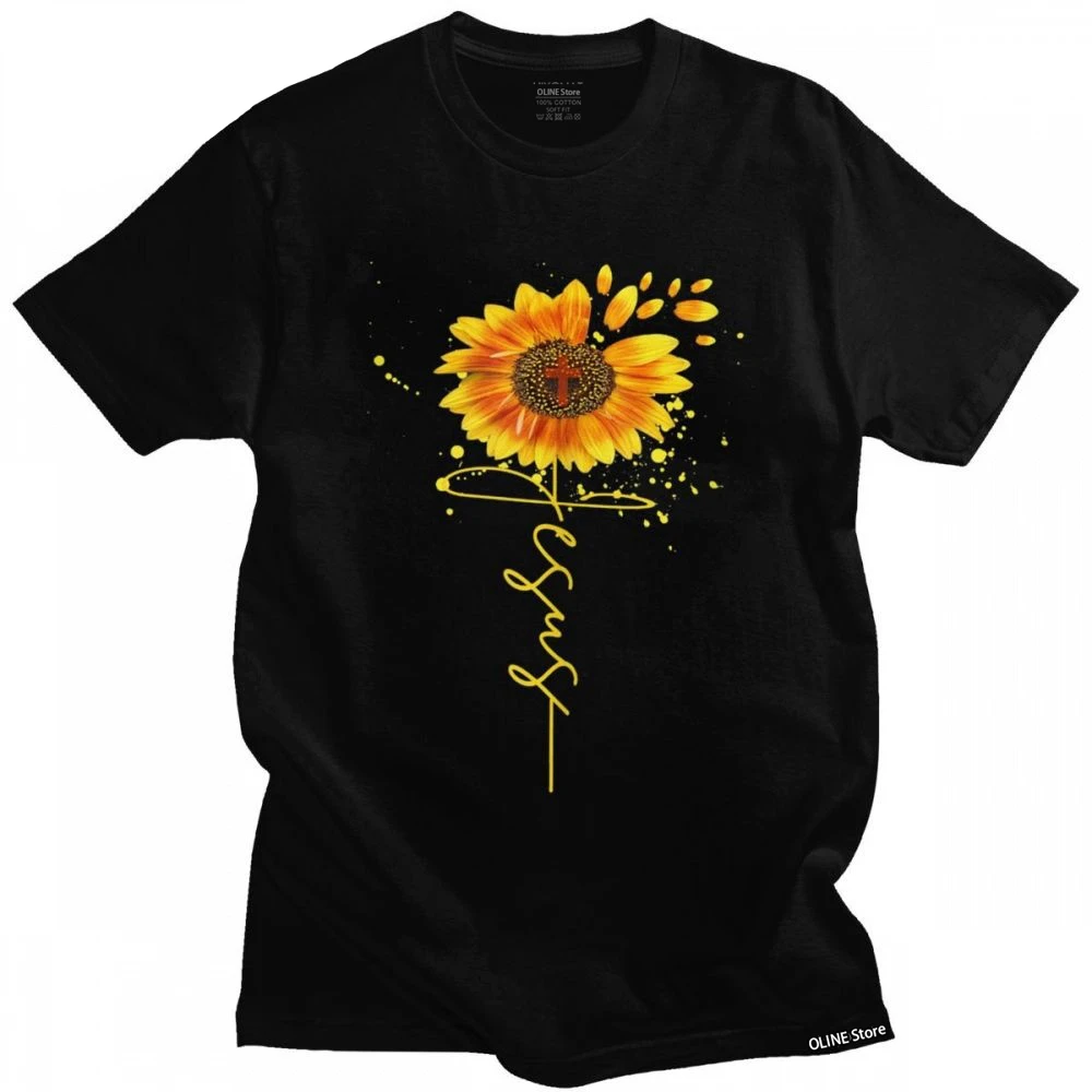 

Jesus Sunflower Spiritual Christian Faith Religious Mens T Shirt Pre-shrunk Cotton Tee Tops Short Sleeve Urban T-shirt Clothing