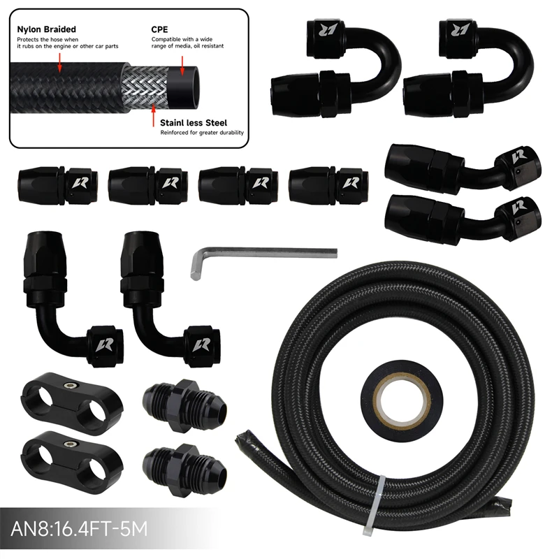 

16.4FT 5M AN8 Nylon/Steel Stainless Steel Braided Gas/Oil/Fuel Line + AN8 Hose End Fitting Separator Kit Black / Silver
