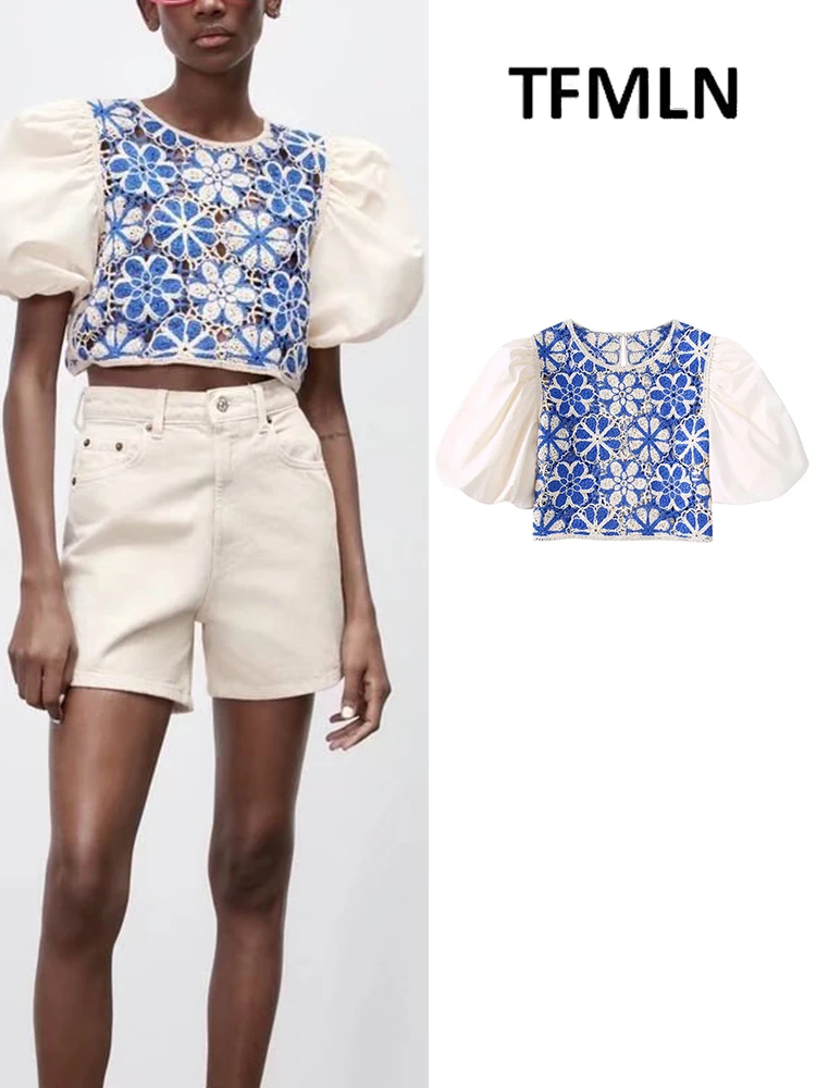 

Женские ажурные блузки ZBRA 2022, рубашки, модные топы с круглым вырезом, винтажные футболки с коротким рукавом, корейские Топы в стиле пэчворк