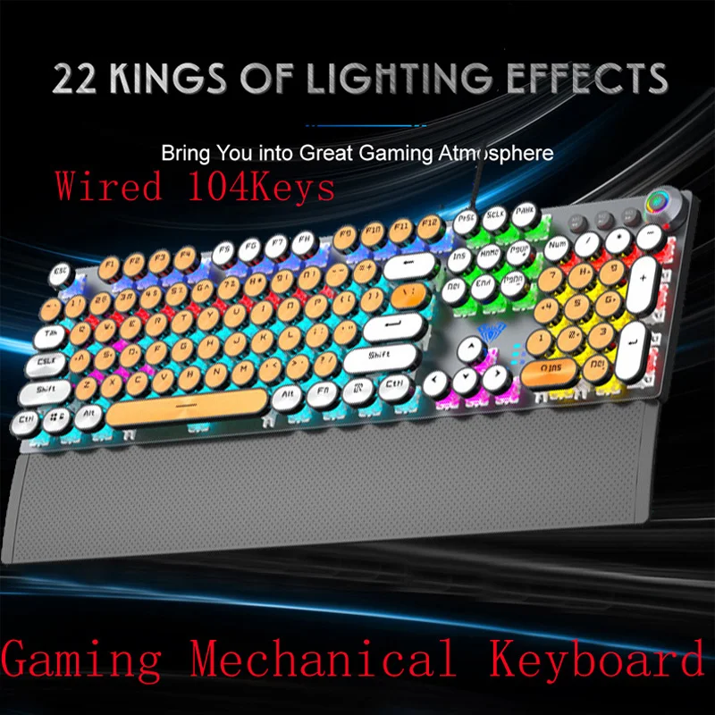 104 Key Wired Gaming Mechanical Keyboard Retro Round Glowing Keycaps Backlit USB  Electroplated Punk Light Mixing For PC Laptop