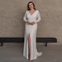elegant sheath slit wedding dress long sleeves shine bridal gown sweep train plus size 2022 new beach robe de soriee femme zip