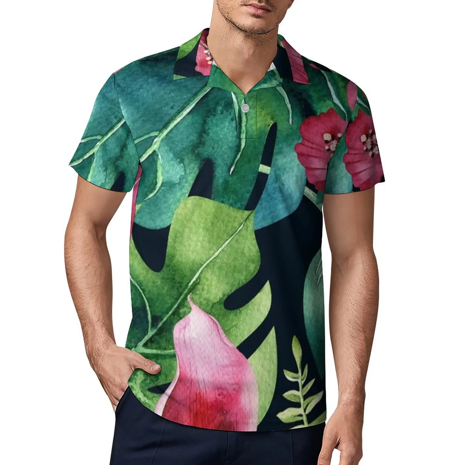 

Dark Tropical Hibiscus & Leaves A-Line Dress Casual Polo Shirts T-Shirts Short-Sleeved Shirt Summer Stylish Oversize Top Gift