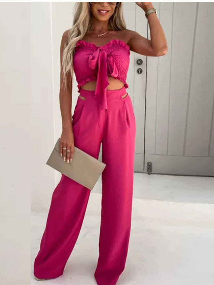 

Women Two Piece Set Summer Fashion Casual Backless Tops And Wide Leg Pants Suits Women's Elegant Black Holiday Street Set 2022
