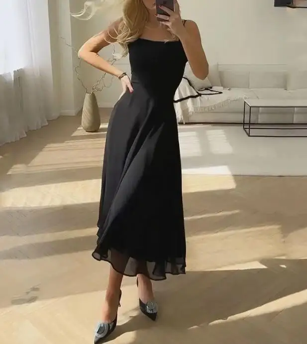 

Женское летнее платье, новинка 2023, модное сексуальное черное платье с квадратным вырезом на бретельках, стильное платье с запахом на талии, Элегантное Длинное платье, женская одежда