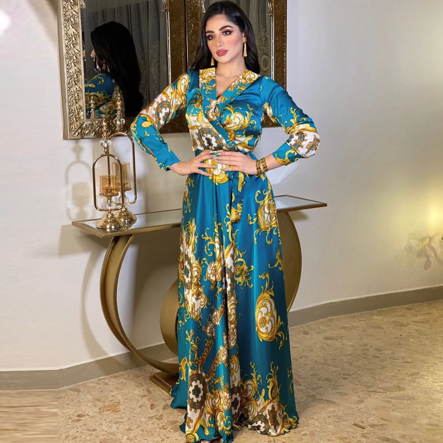 2023Muslim Dress Fashion Middle East Printing Arab Abaya Long Sleeves Patty Gowns Dubai Robe de Soiree Musulmane Longue Elegante