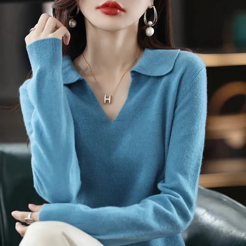 

2022 New Lapel Polo Neck Knitted Bottoming Top Women's Autumn Winter Solid Color Base All Match Causal Sweater For Fashion