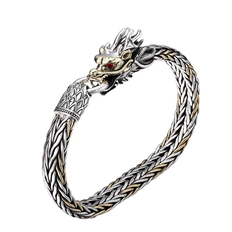 

Real S925 Sterling Thai Silver Retro Weave Twist Braid Chinese Golden Dragon Bracelet For Men Male Jewelry Gift