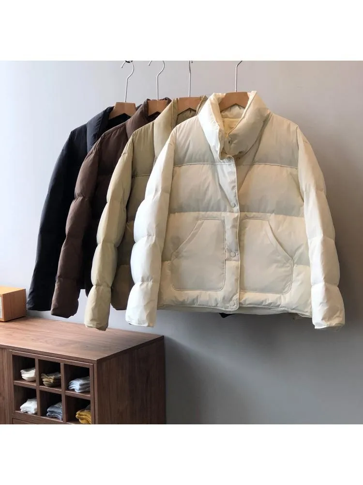 Black Thick Stand Collar Padded Short Parkas Jacket Women 2022 Winter New Zippers Loose Warm Bread Clothing Coats