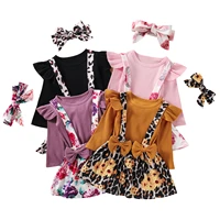 0 3y 3pcs baby girls outfits ribbed fly sleeve round neck pullover flowerleopard print suspender skirt bowknot headband set