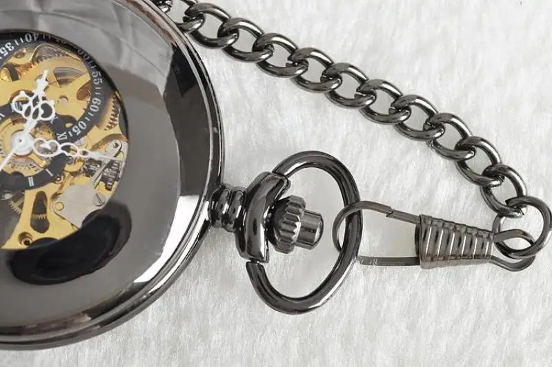 Black Polished Hollow Simple Design Mechanical Pocket Watch Retro Steampunk Skeleton Style Fob Chain Men's Watch Holiday Gift